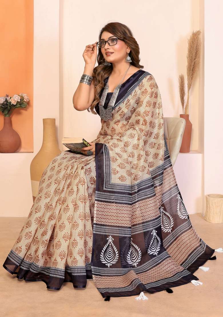 Multicolor Printed Cotton Saree Set - Indya