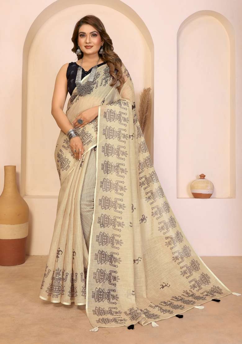 Beige And Navy Blue Printed Cotton Saree Set - Indya