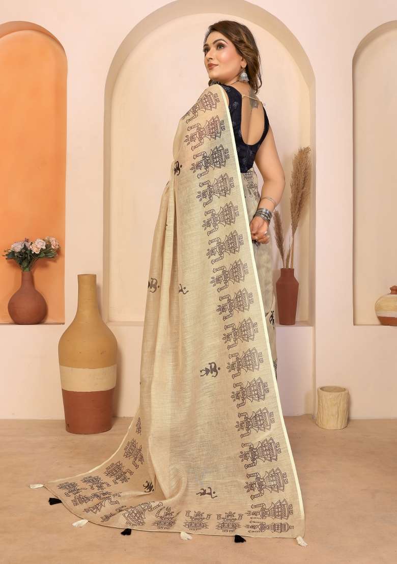 Beige And Navy Blue Printed Cotton Saree Set - Indya