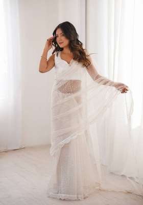 White Embroidered Net Saree Set