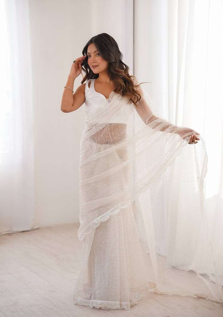White Embroidered Net Saree Set - Indya