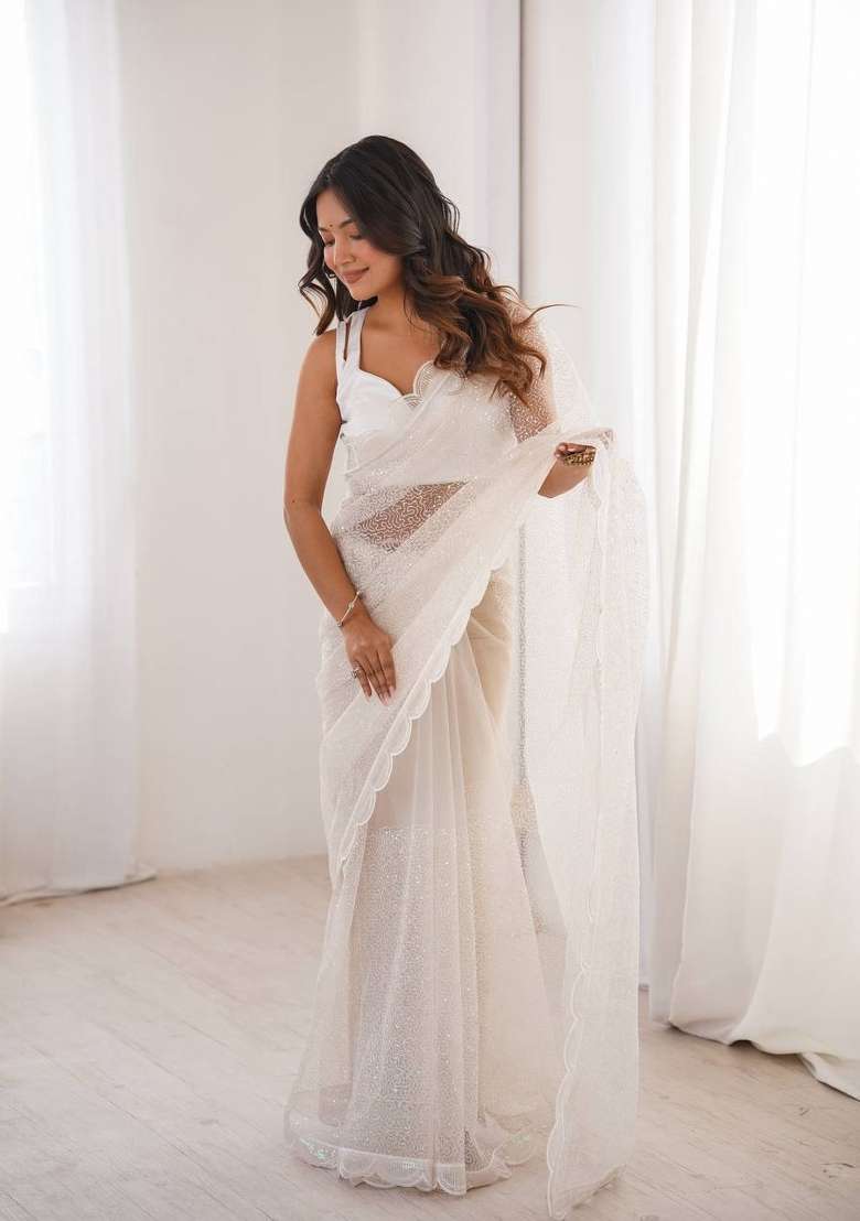 White Embroidered Net Saree Set - Indya