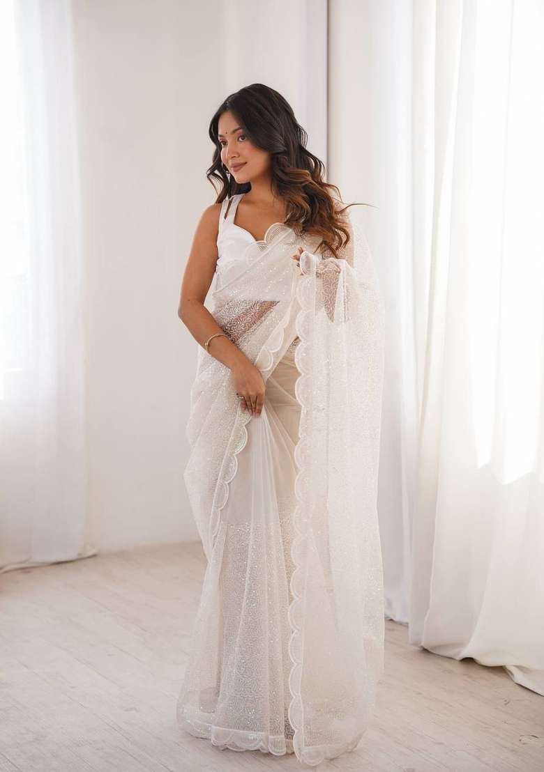 White Embroidered Net Saree Set - Indya