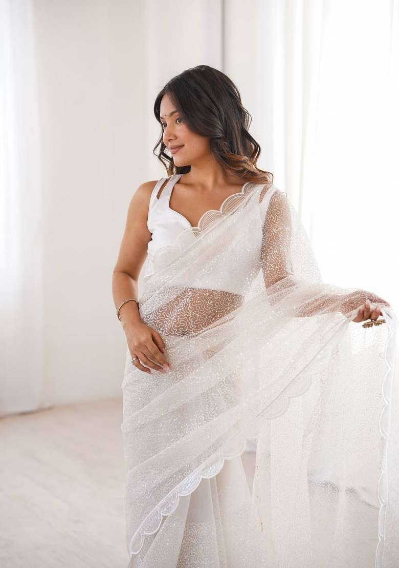 White Embroidered Net Saree Set - Indya