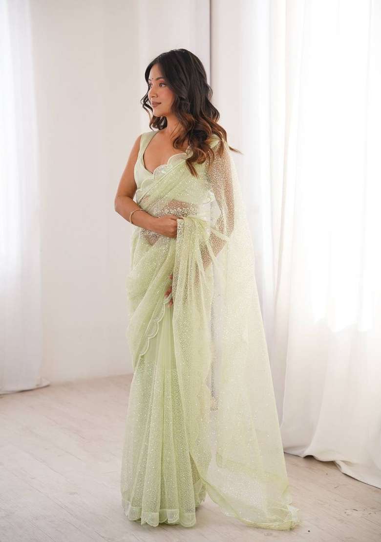 Pista Embroidered Net Saree Set - Indya