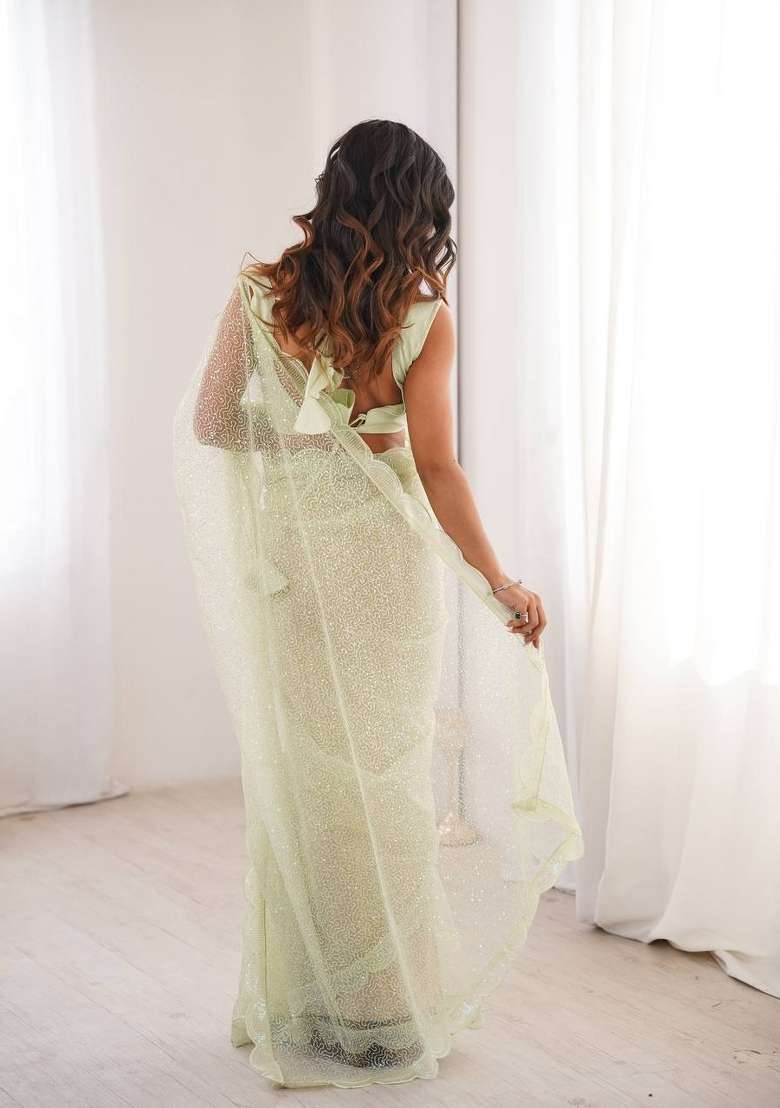 Pista Embroidered Net Saree Set - Indya
