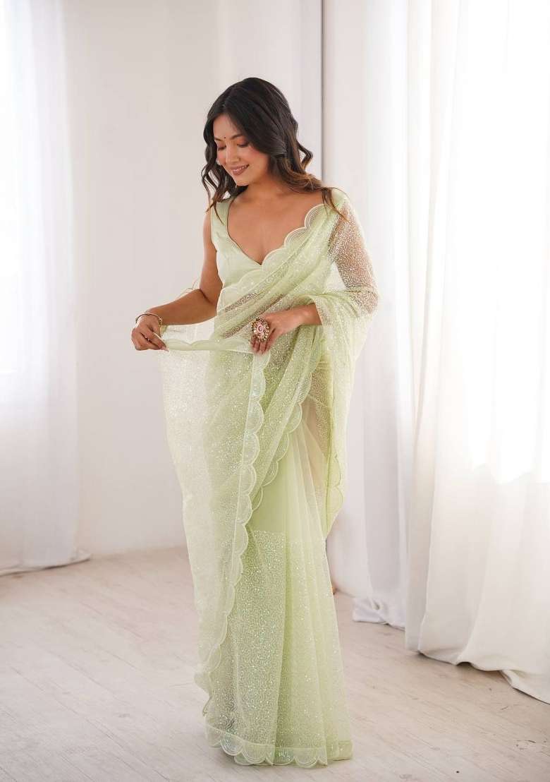 Pista Embroidered Net Saree Set - Indya