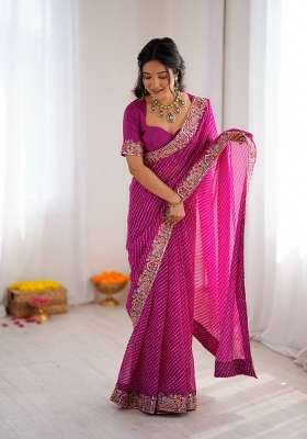 Rani Pink Embroidered Georgette Saree Set
