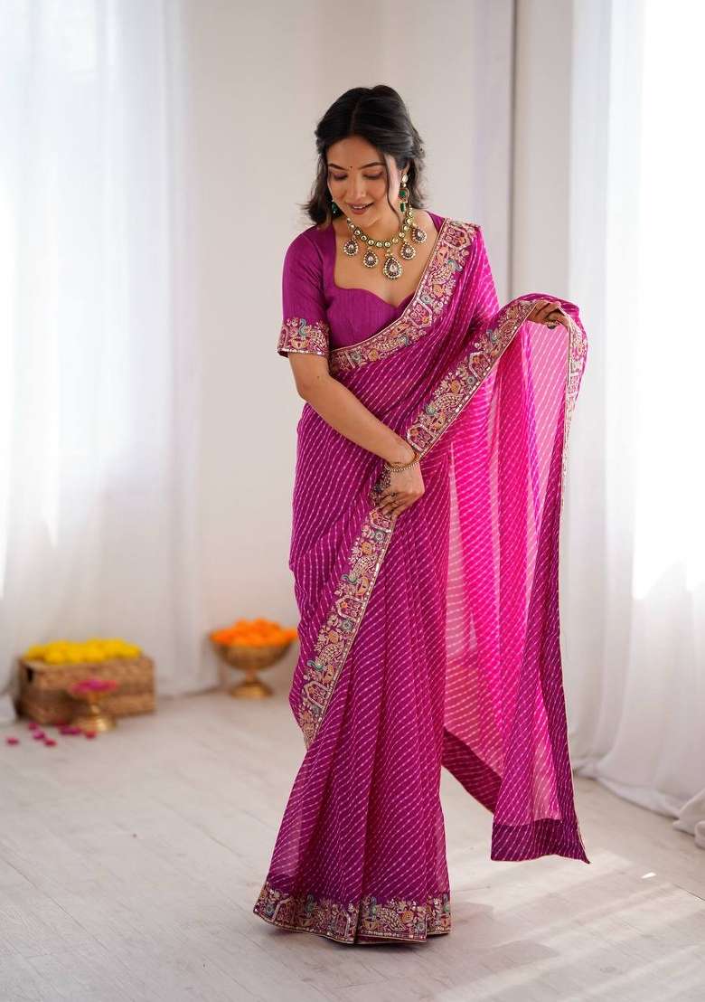 Rani Pink Embroidered Georgette Saree Set - Indya