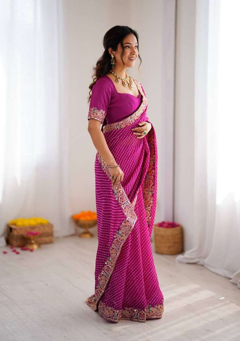 Rani Pink Embroidered Georgette Saree Set - Indya