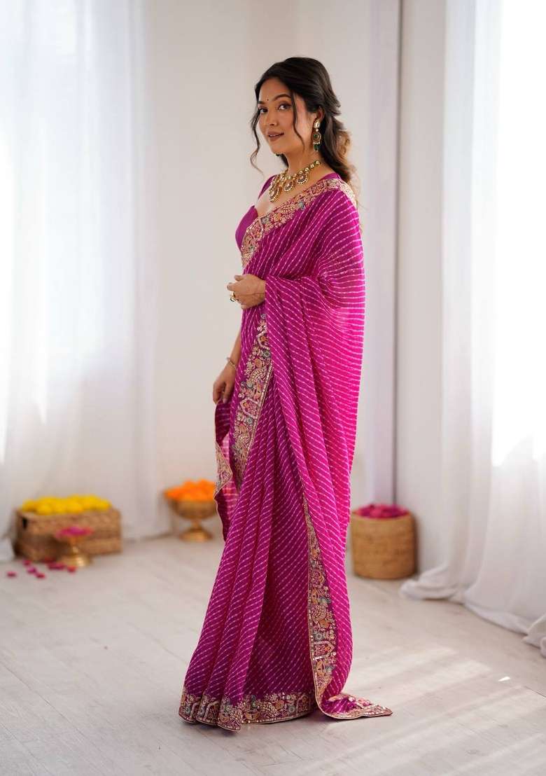 Rani Pink Embroidered Georgette Saree Set - Indya