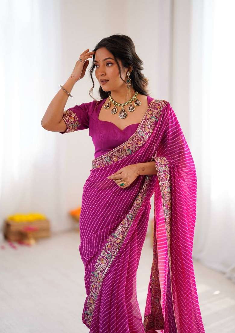 Rani Pink Embroidered Georgette Saree Set - Indya