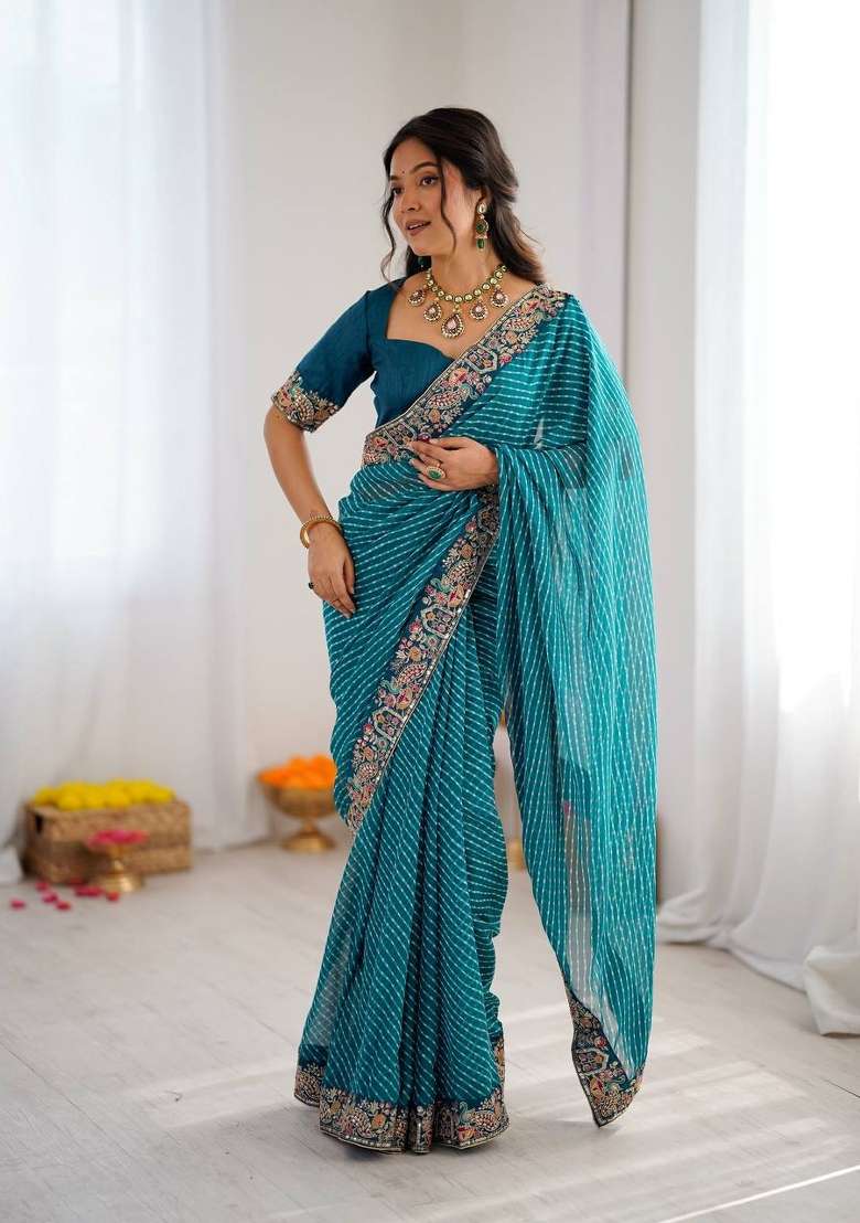 Sky Blue Embroidered Georgette Saree Set - Indya