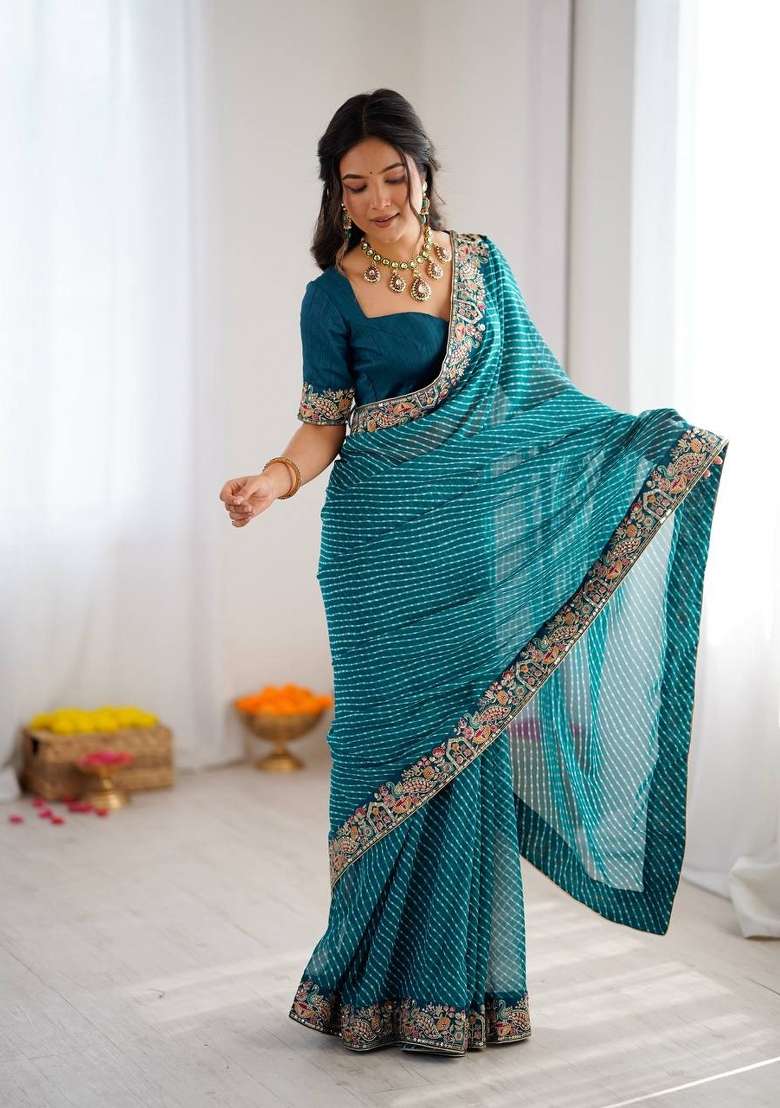 Sky Blue Embroidered Georgette Saree Set - Indya