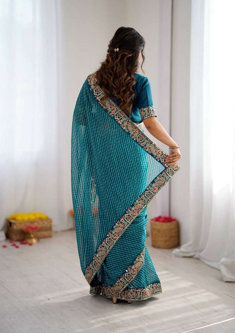 Sky Blue Embroidered Georgette Saree Set - Indya