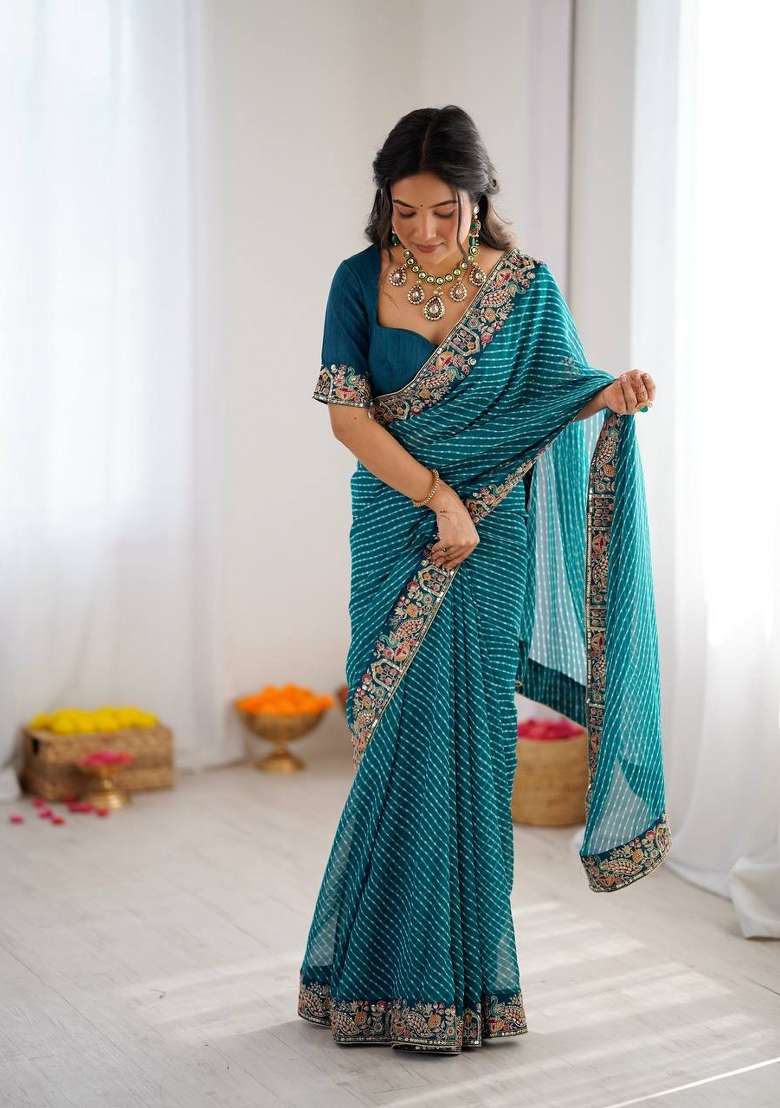 Sky Blue Embroidered Georgette Saree Set - Indya