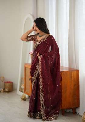 Maroon Embroidered Fendi Saree Set