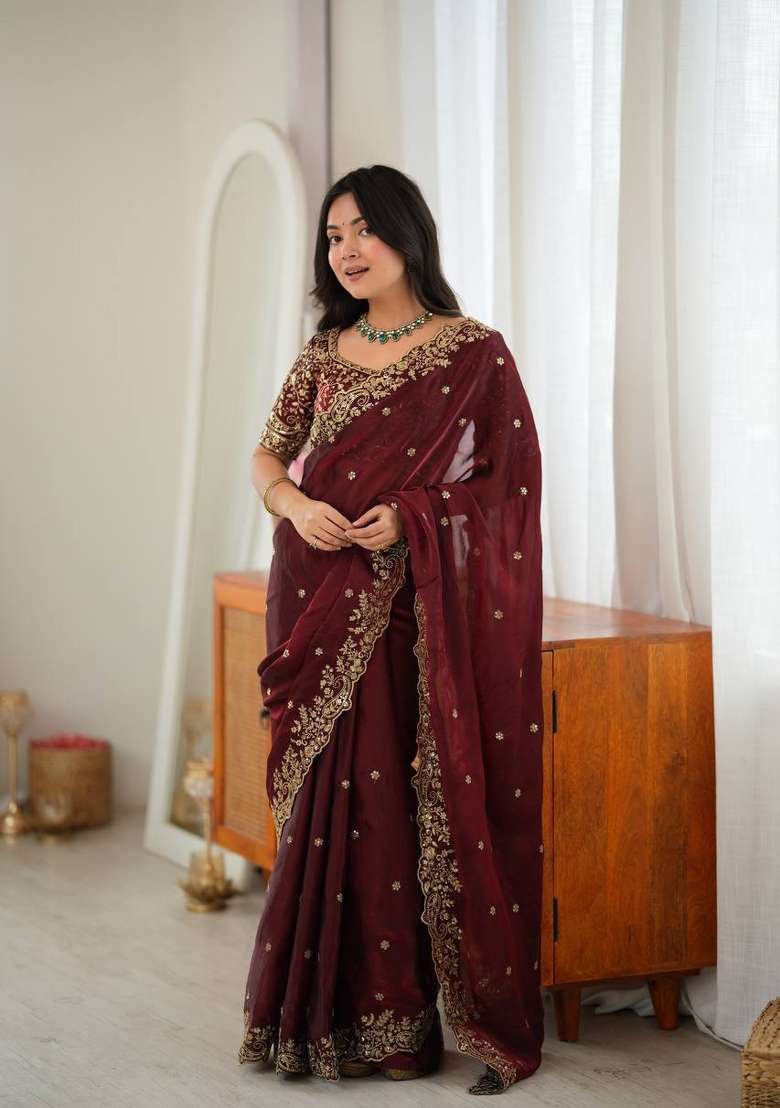 Maroon Embroidered Fendi Saree Set - Indya