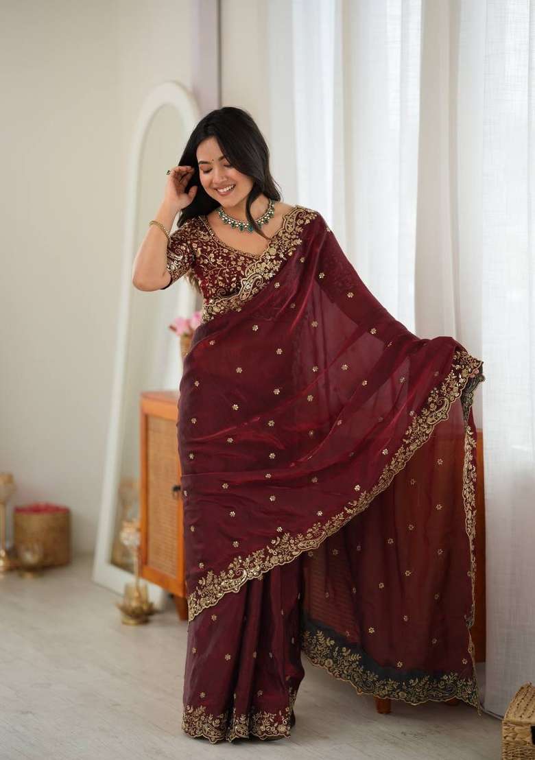 Maroon Embroidered Fendi Saree Set - Indya