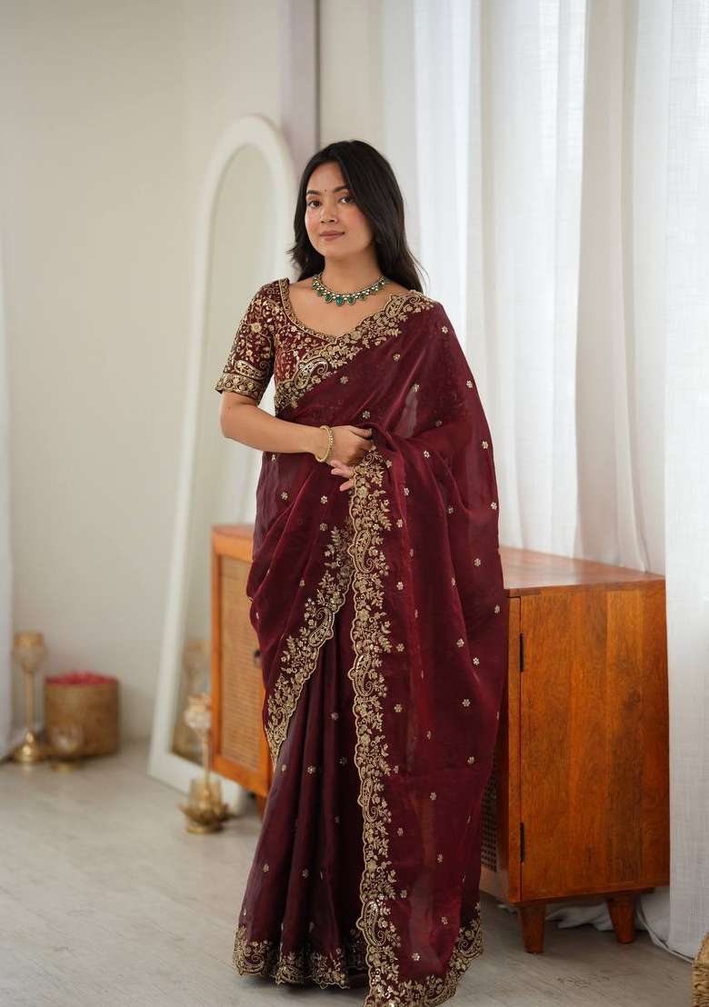 Maroon Embroidered Fendi Saree Set - Indya
