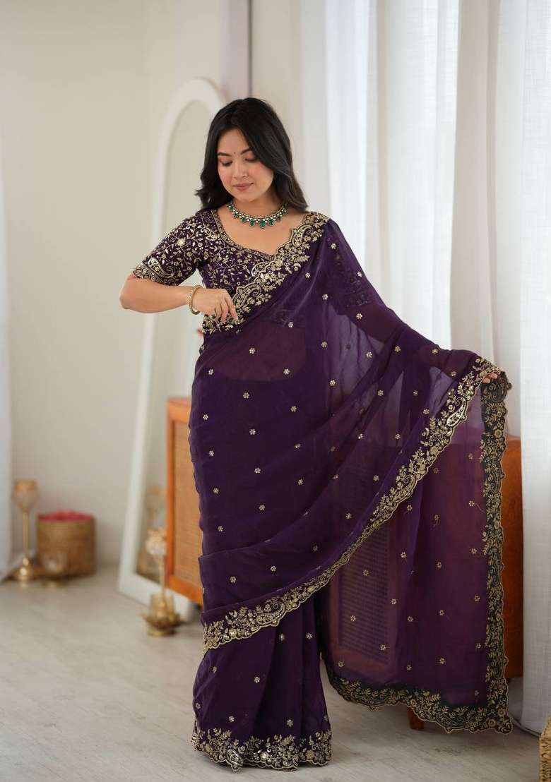 Purple Embroidered Fendi Saree Set - Indya