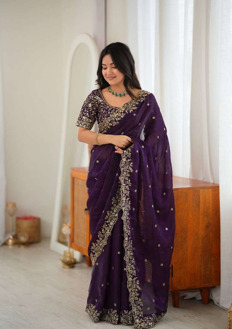 Purple Embroidered Fendi Saree Set - Indya