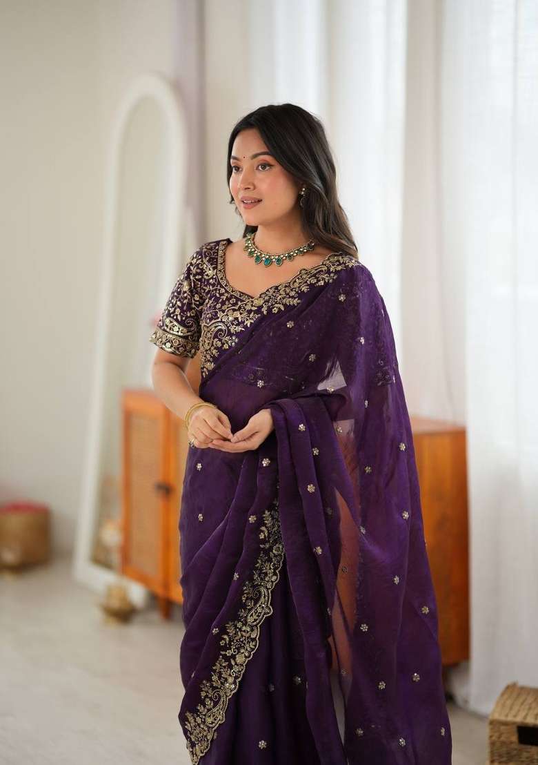 Purple Embroidered Fendi Saree Set - Indya