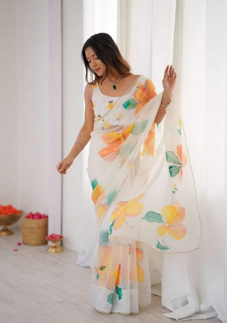 Yellow Embroidered Organza Saree Set - Indya