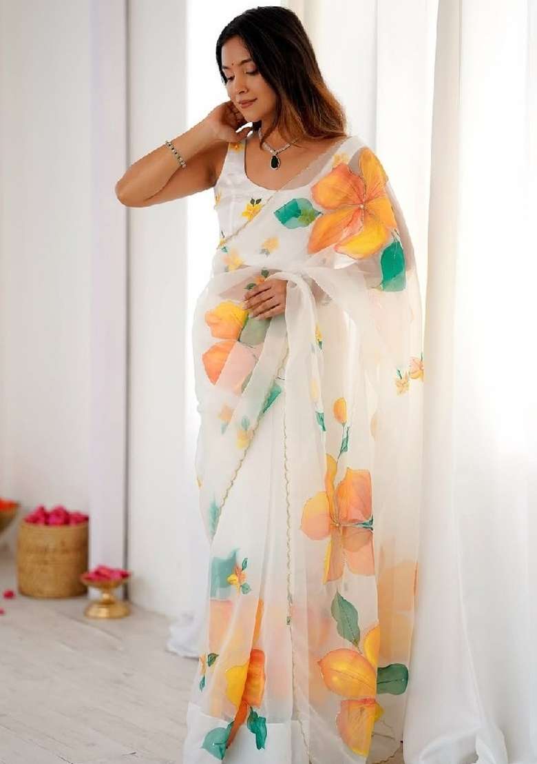 Yellow Embroidered Organza Saree Set - Indya