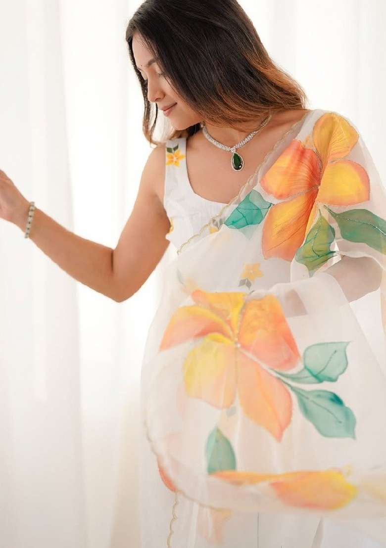 Yellow Embroidered Organza Saree Set - Indya