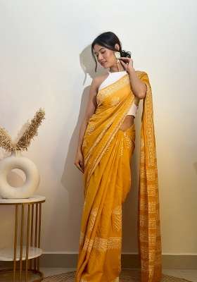 Yellow Embroidered Cotton Saree Set