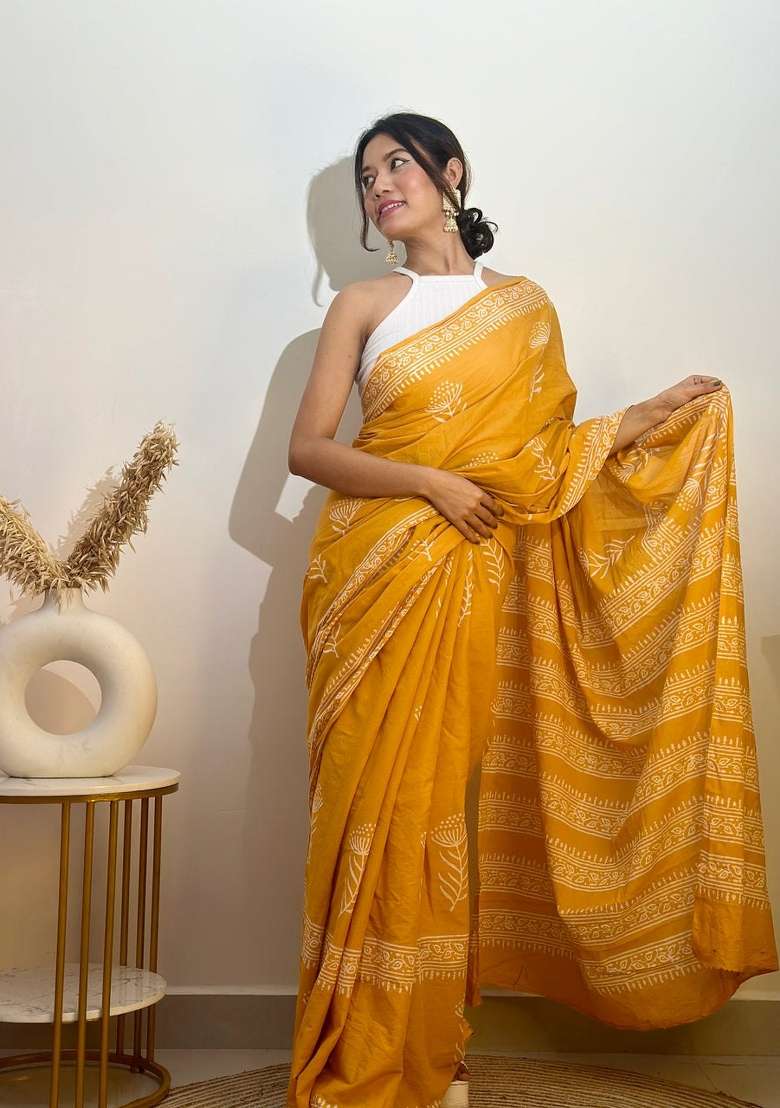 Yellow Embroidered Cotton Saree Set - Indya