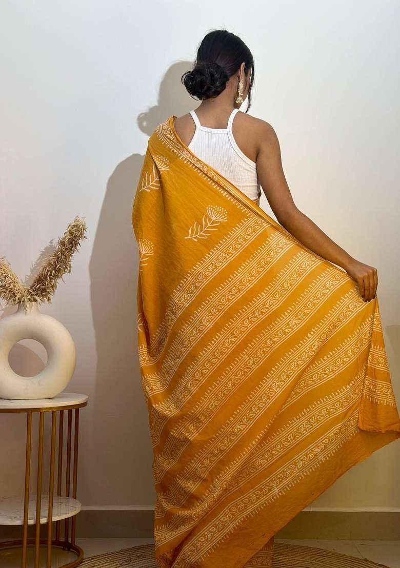 Yellow Embroidered Cotton Saree Set - Indya