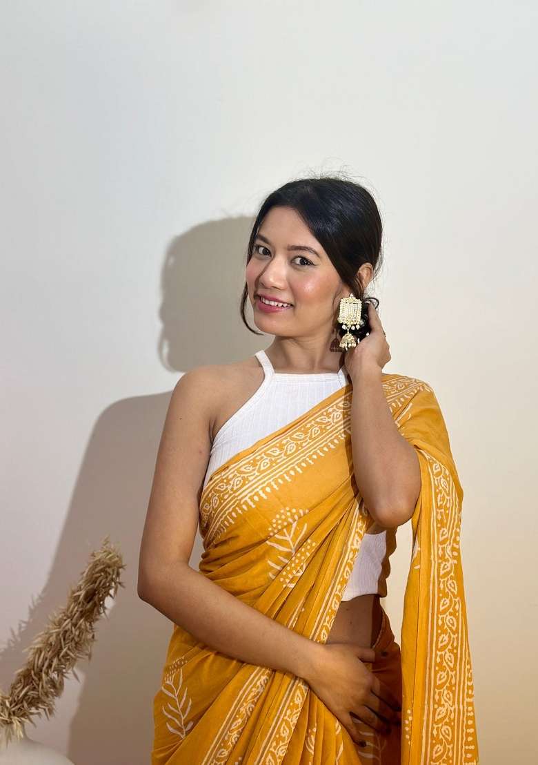Yellow Embroidered Cotton Saree Set - Indya
