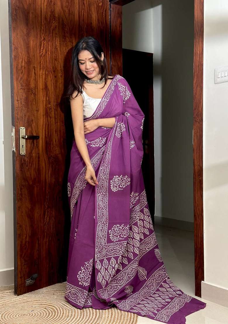 Lavender Embroidered Cotton Saree Set - Indya