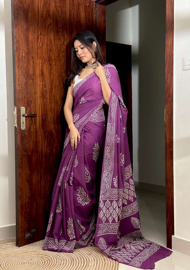 Lavender Embroidered Cotton Saree Set - Indya