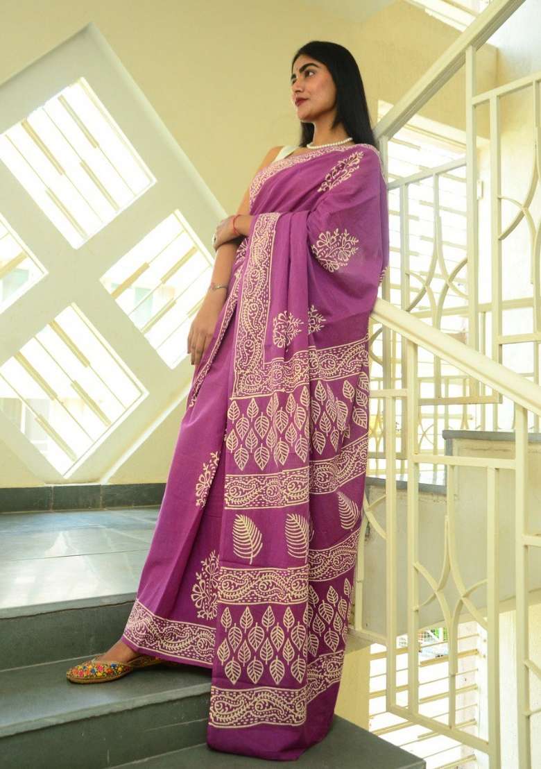 Lavender Embroidered Cotton Saree Set - Indya