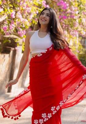 Red Embroidered Cotton Saree Set