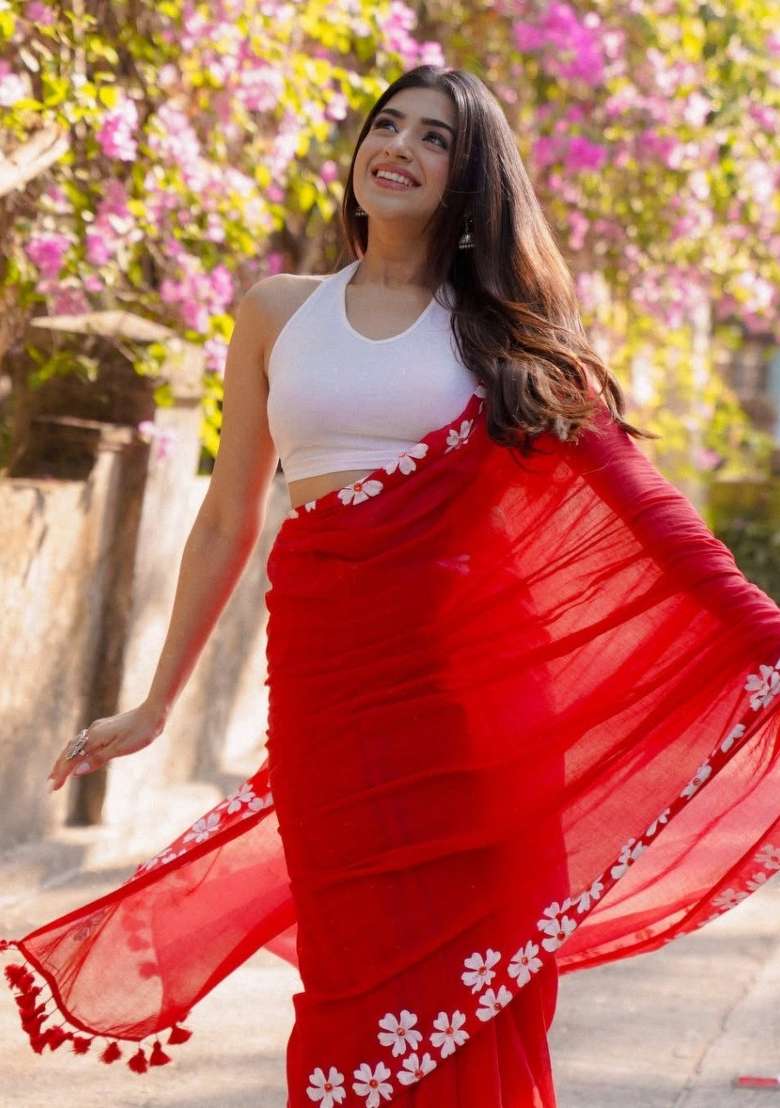 Red Embroidered Cotton Saree Set - Indya