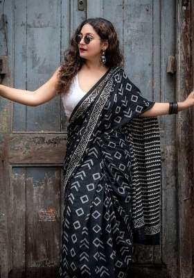 Black Embroidered Cotton Saree Set
