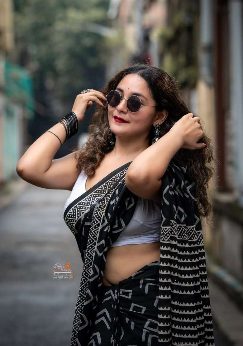Black Embroidered Cotton Saree Set - Indya