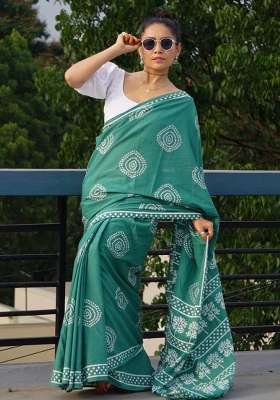 Green Embroidered Cotton Saree Set