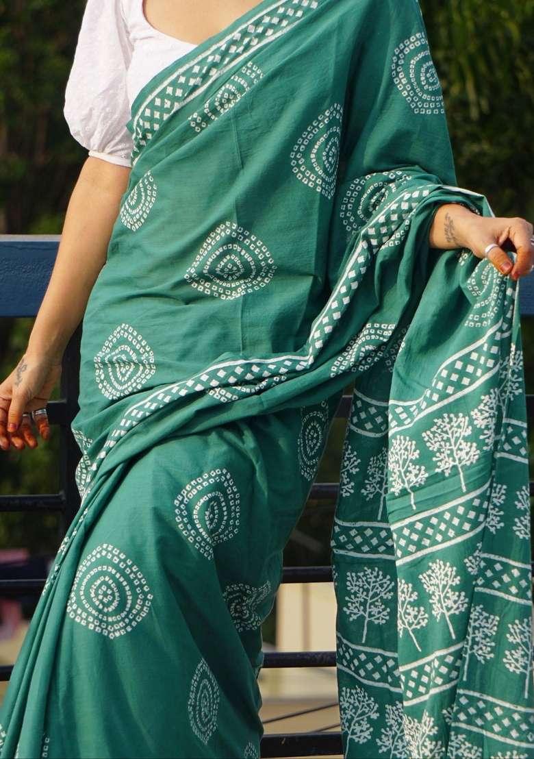 Green Embroidered Cotton Saree Set - Indya
