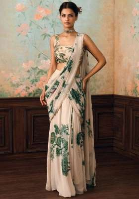 White Embroidered Georgette Saree Set