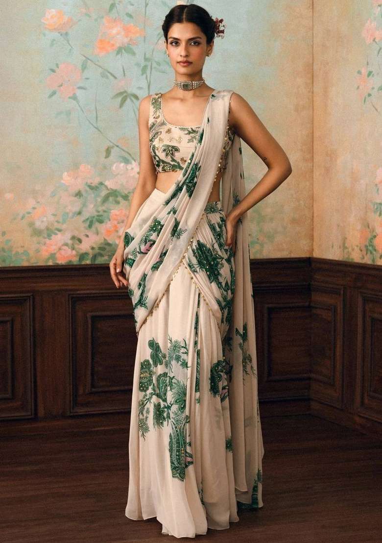 White Embroidered Georgette Saree Set - Indya