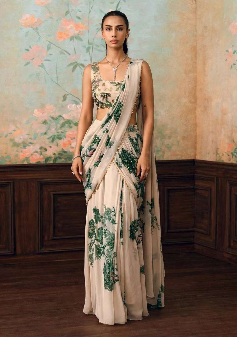 White Embroidered Georgette Saree Set - Indya
