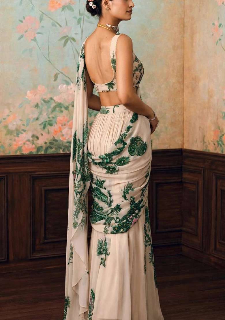 White Embroidered Georgette Saree Set - Indya