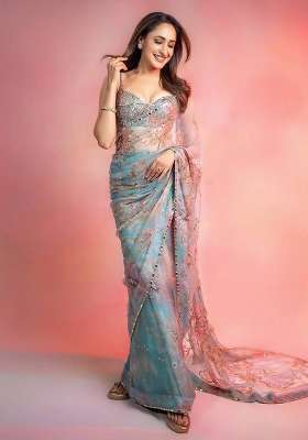 Sky Blue Embroidered Georgette Saree Set