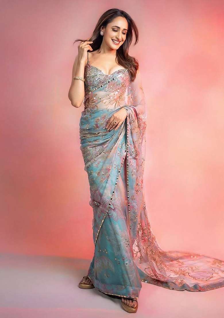 Sky Blue Embroidered Georgette Saree Set - Indya