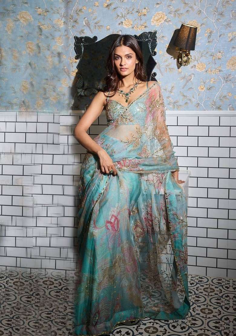 Sky Blue Embroidered Georgette Saree Set - Indya